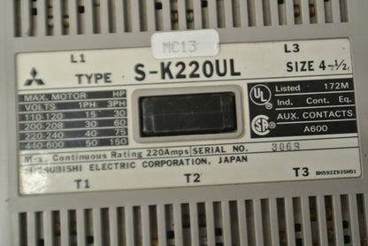 MITSUBISHI S-K220UL SIZE 4-1/2 CONTACTOR / K220KPUL / 100-127V COIL