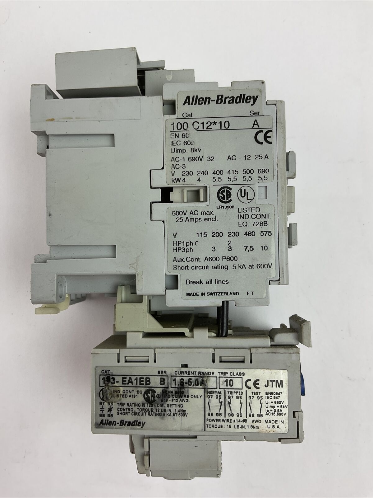 ALLEN BRADLEY STARTER (100-C12*10 SER A 600VAC 25A 193-EA1EB SER B 1.6-5.0A)