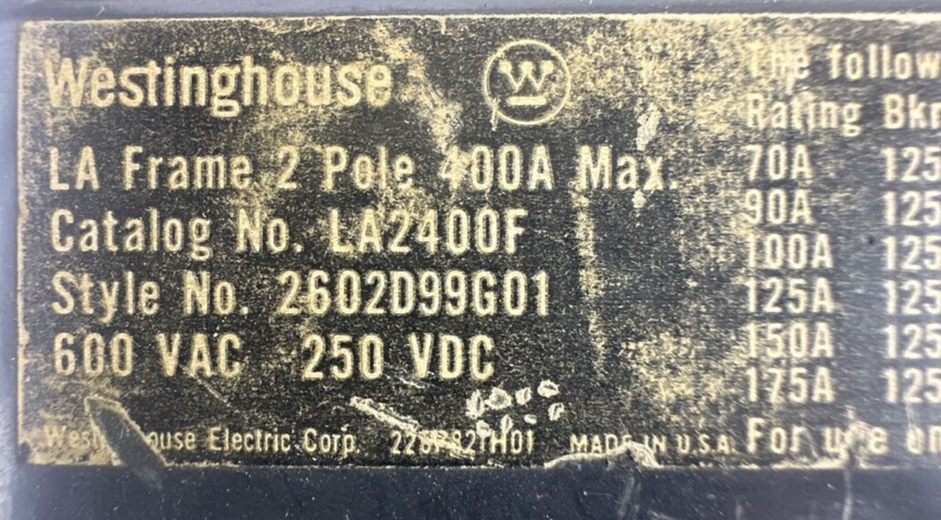 WESTINGHOUSE LA2400F 600VAC 250VDC 2POLE CIRCUIT BREAKER HLA2400T 400A TRIP UNIT