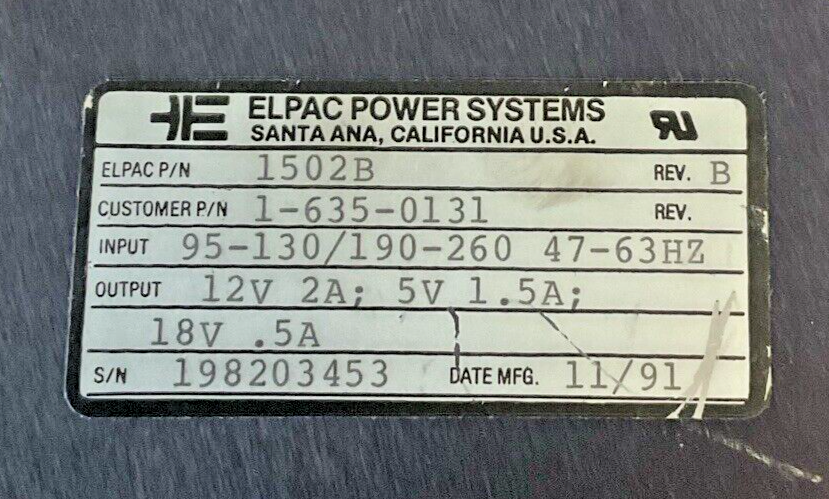 ELPAC POWER SYSTEMS 1502B POWER SUPPLY 1-635-0131 REV.B 12V 2A