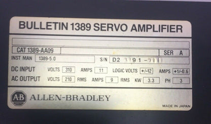 ALLEN BRADLEY 1389-AA09 SERVO AMPLIFIER SER A INPUT 310VDC 11A OUTPUT 210VAC 9A