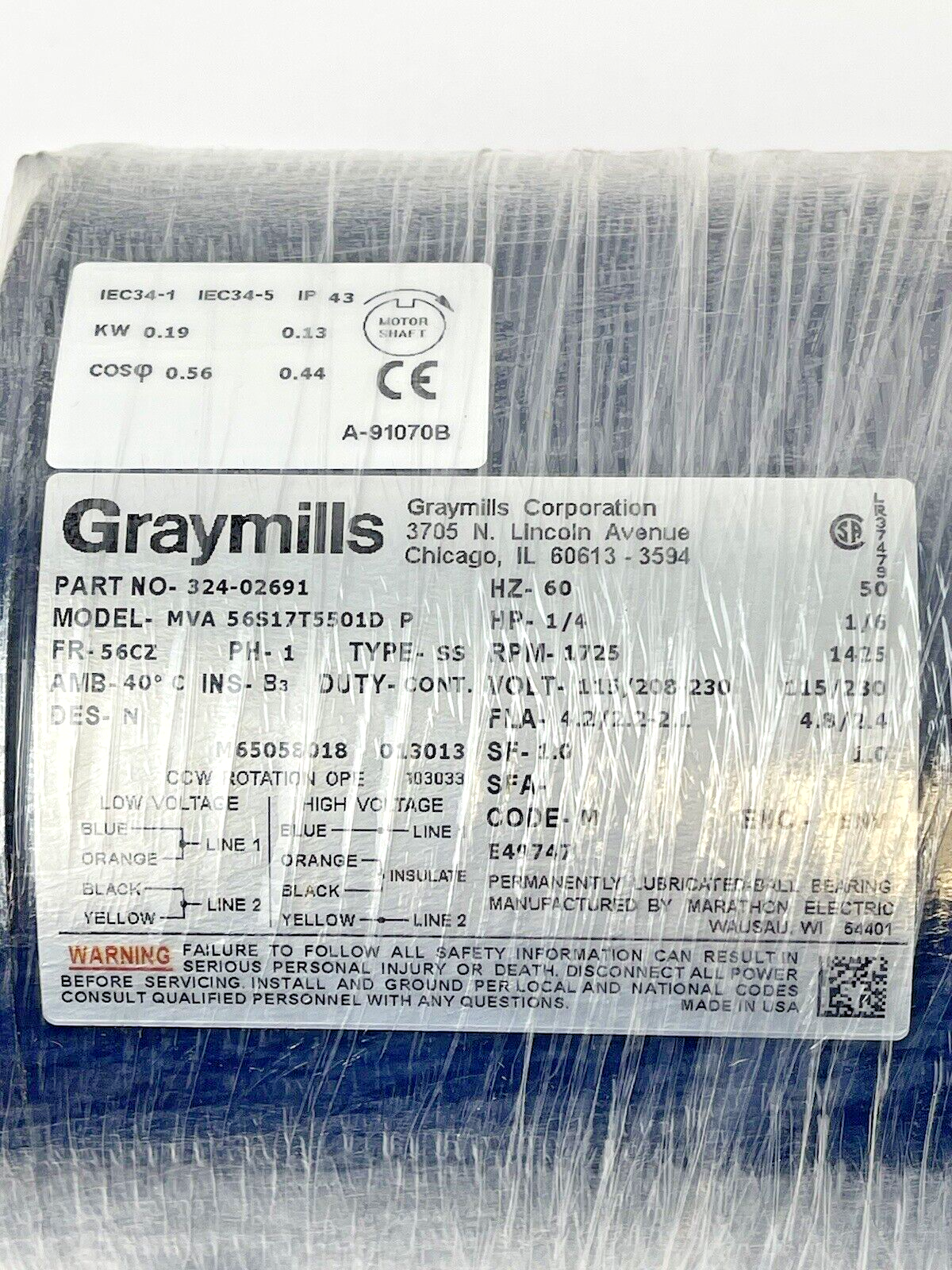 GRAYMILLS - 324-02691 - 56S17T5501D P - Pump 1/4HP - 1725rpm 115/208-230V-TN-37E