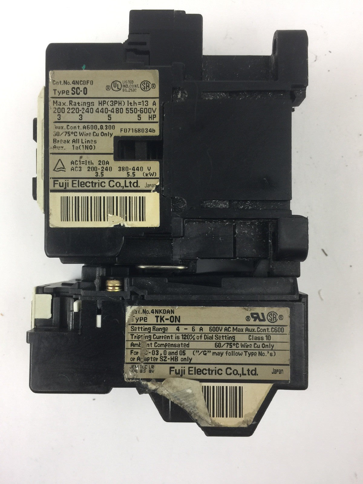 FUJI ELECTRIC 4NC0F0 TYPE SC-0 CONTACTOR 4NK0AN TYPE TK-0N OVERLOAD RELAY