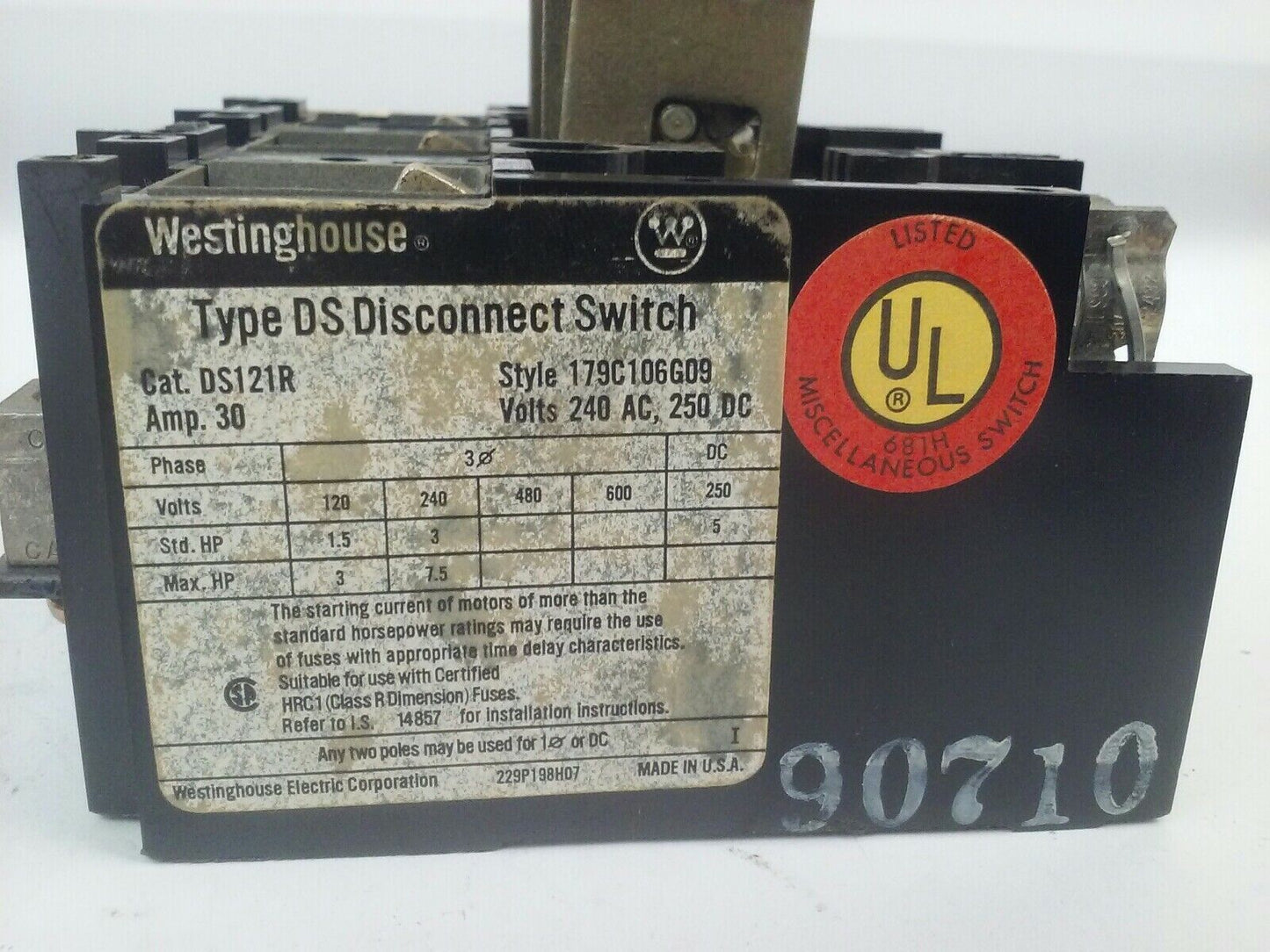 WESTINGHOUSE DS121R TYPE DS FUSIBLE DISCONNECT SWITCH 30A 240VAC/250VDC 3P