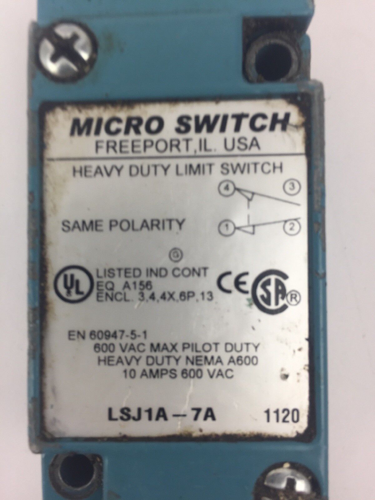 MICRO SWITCH LSJ1A-7A HEAVY DUTY LIMIT SWITCH 600VAC 10AMPS