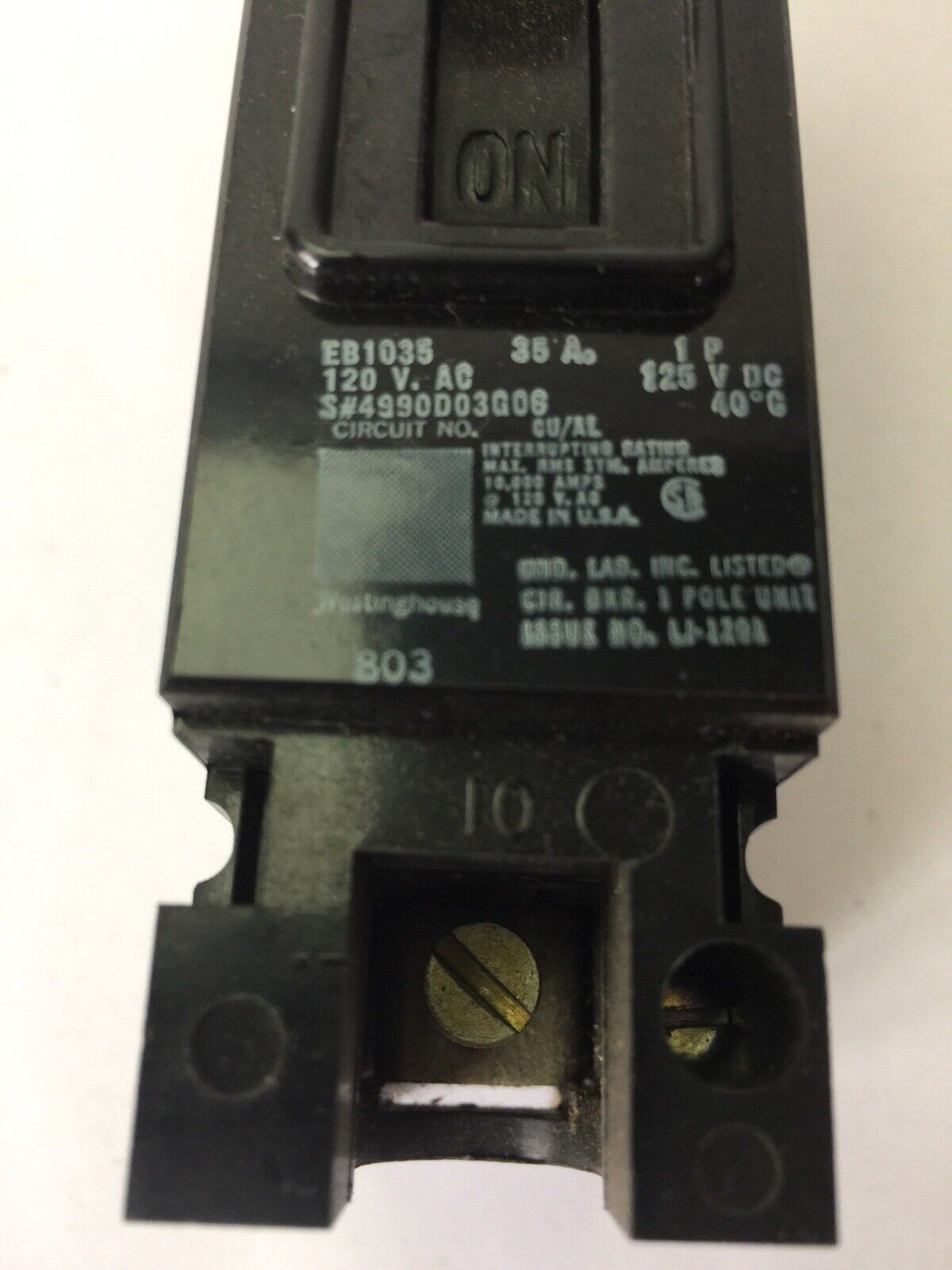 WESTINGHOUSE EB1035 CIRCUIT BREAKER 35AMP 1POLE 120/240VAC 125VDC 4990D03G06