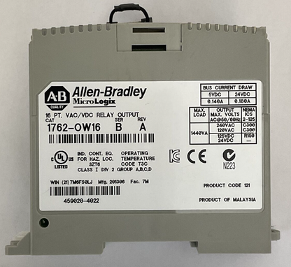 ALLEN BRADLEY 1762-OW16 MICROLOGIX 16PT VAC/VDC RELAY OUTPUT SERE B REV A