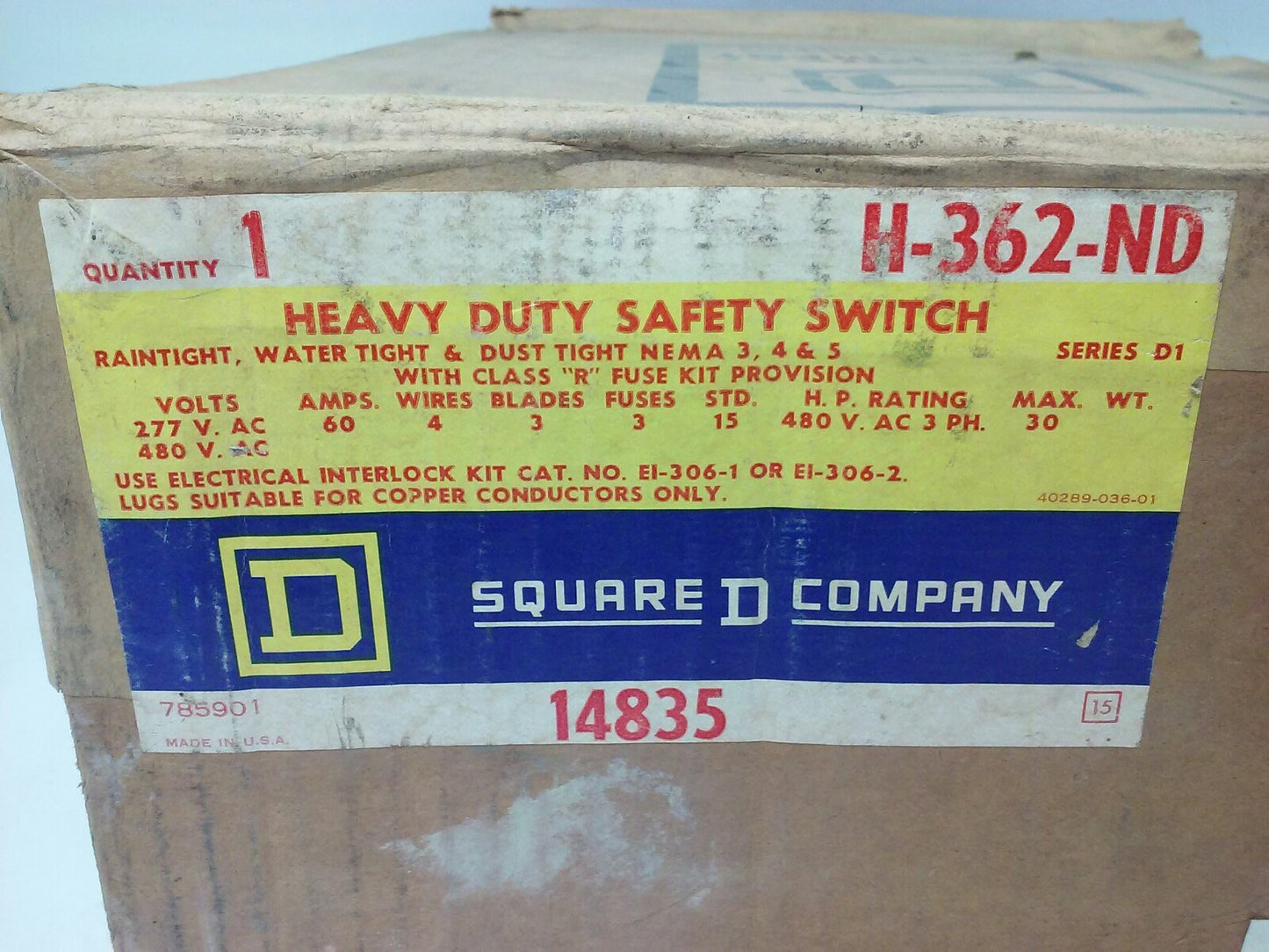 SQUARE D H362ND, H-362-ND SER D1 MISSING LOCKING LATCHES 60A 480V 3PH RAINTIGHT
