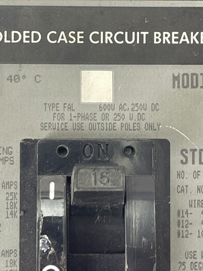 SQUARE D FAL36015 MOLDED CASE CIRCUIT BREAKER 15AMP 600VAC 250VDC 3POLE SERIES 2