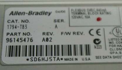 ALLEN-BRADLEY 1794-TB3 TERMINAL BASE / Ser. A, Rev. A02 / 120VAC / 10A