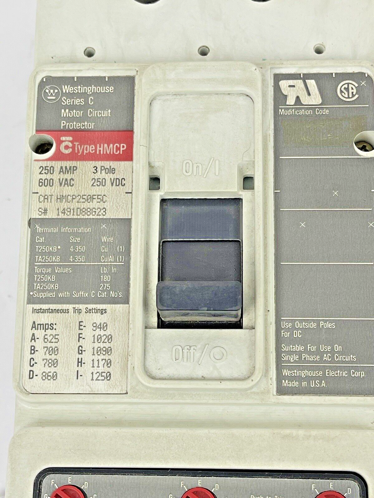 WESTINGHOUSE -HMCP250F5C - MOTOR CIRCUIT PROTECTOR - SER C, 250A, 3 POLE, 600VAC