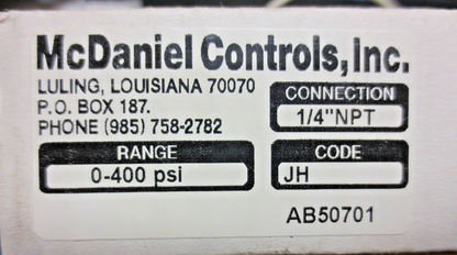 McDANIEL CODE JH 0-400 psi GAUGE 2-1/2" DIAL 1/4" NPT