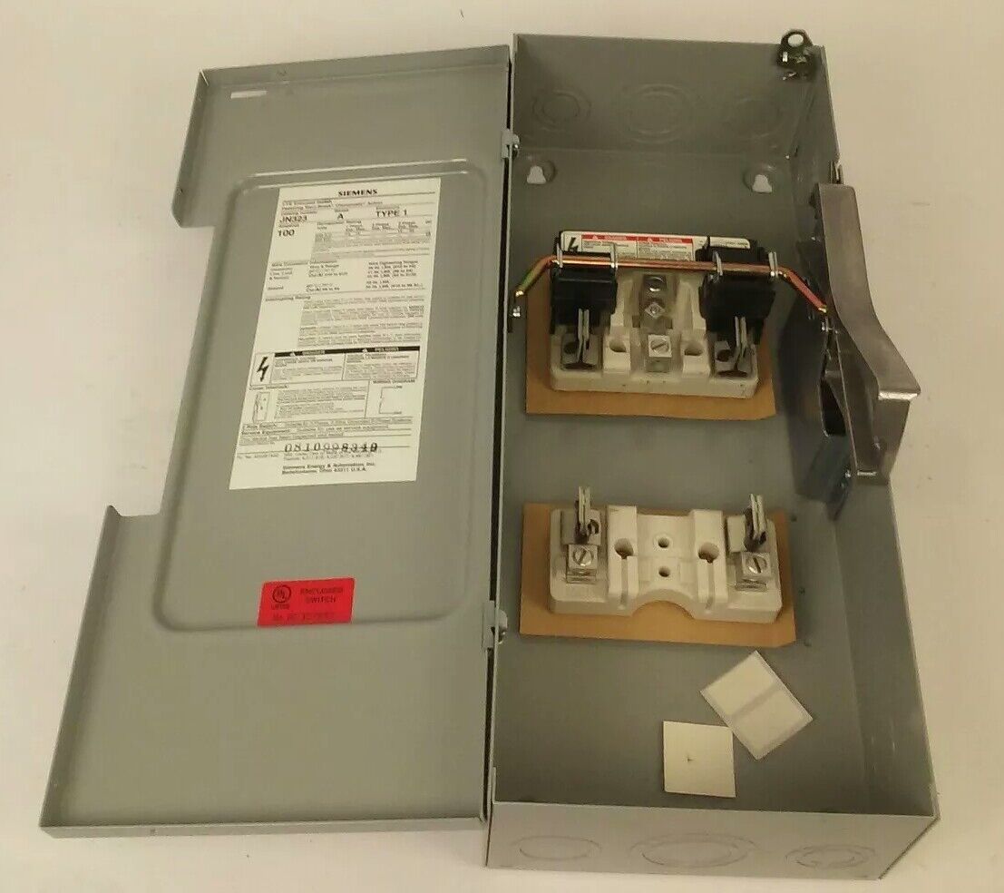 SIEMENS JN323 SERIES A FUSIBLE SAFETY SWITCH 2P, 100A, 240V, 15HP, TYPE 1 INDOOR