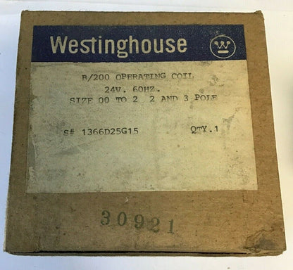 WESTINGHOUSE B/200 OPERATING COIL 24V 60HZ SIZE 00TO2 2/3POLE 1366D25G15