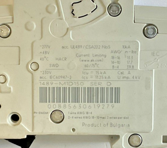 ALLEN BRADLEY 1489-M1D150 CIRCUIT BREAKER SER.D 10KA 277V 50/60HZ ***LOTOF2***