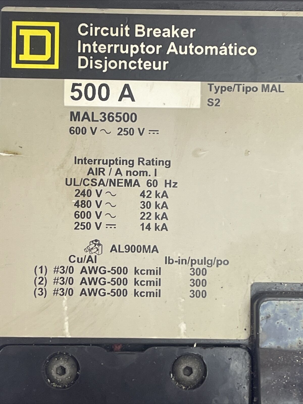 SQUARE D MAL36500 CIRCUIT BREAKER 500AMP 600VAC 250VDC 3POLE