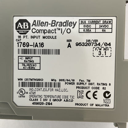 ALLEN BRADLEY 1769-IA16 DIR/VER 95320734/04 F/W REV 3.1 SER A 16PT INPUT MODULE