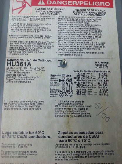 SQUARE D HU361A SER.F06 DISCONNECT SWITCH 3P, 30A, 600V, TYPE 12 DUSTTIGHT