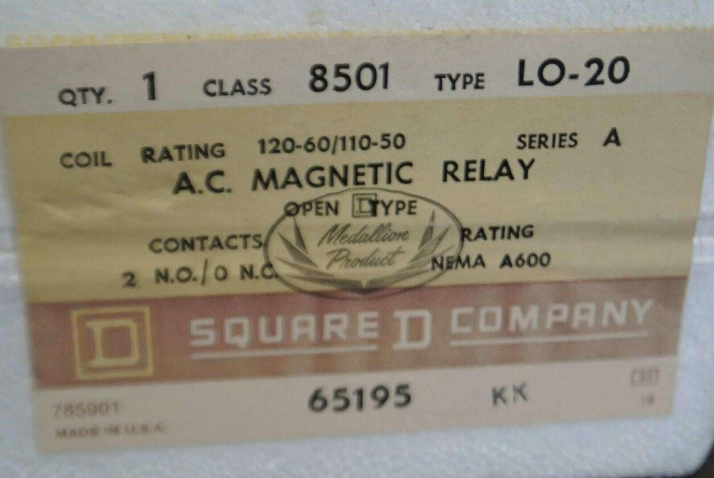 SQUARE D 8501 LO-20 / AC MAGNETIC RELAY / 110-120V/ 2 N.O. / 0 N.C. NEW SURPLUS
