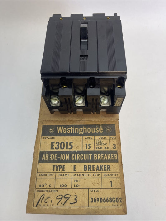 WESTINGHOUSE E3015 AB DE-ION CIRCUIT BREAKER 15AMP 240VAC 125/250VDC 3POLE