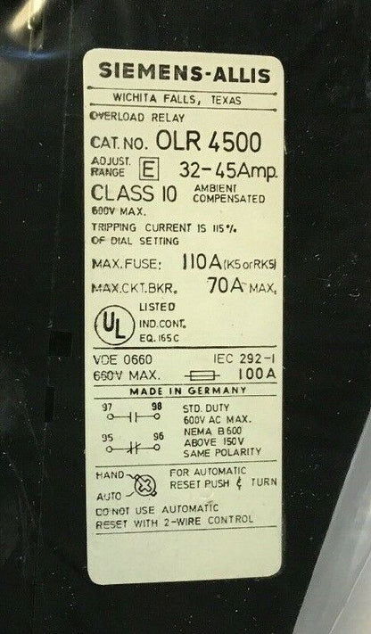 SIEMENS-ALLIS OLR 4500 OVERLOAD RELAY RANGE CODE E RANGE 32.0-45.0AMPS