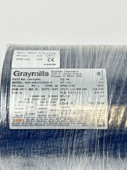 GRAYMILLS - 324-02691 - 56S17T5501D P - Pump 1/4HP - 1725rpm 115/208-230V-TN-37E