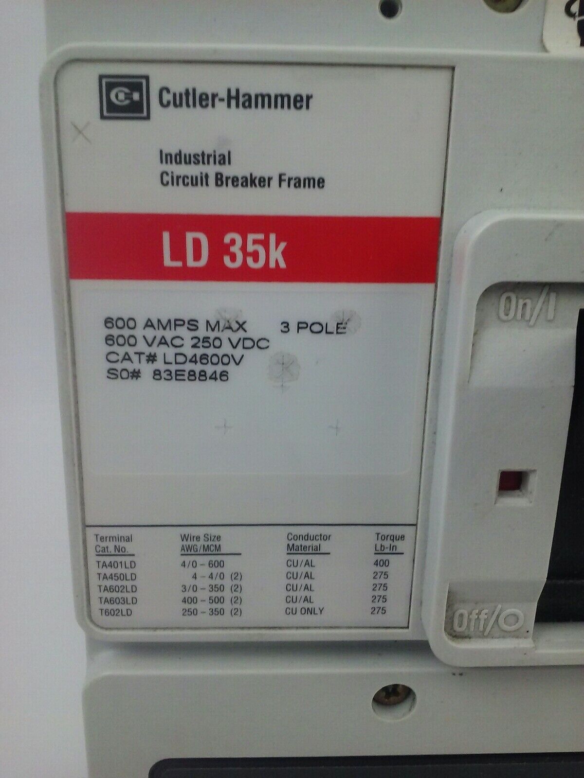 CUTLER HAMMER LD4600V THERMAL MAGNETIC TRIP UNIT CIRCUIT BREAKER 3P 600A 600V