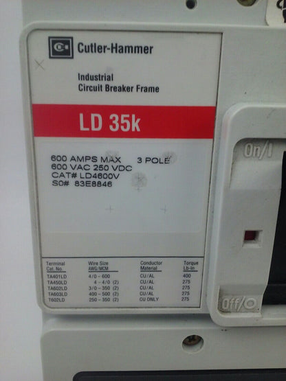 CUTLER HAMMER LD4600V THERMAL MAGNETIC TRIP UNIT CIRCUIT BREAKER 3P 600A 600V