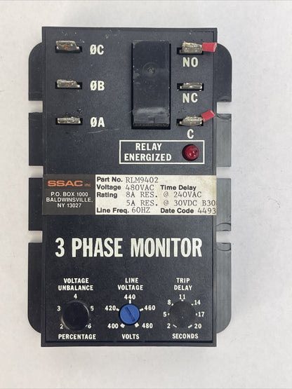SSAC RLM9402 3 PHASE MONITOR 480VAC 8A RES @ 240VAC 5A RES @ 30VDC