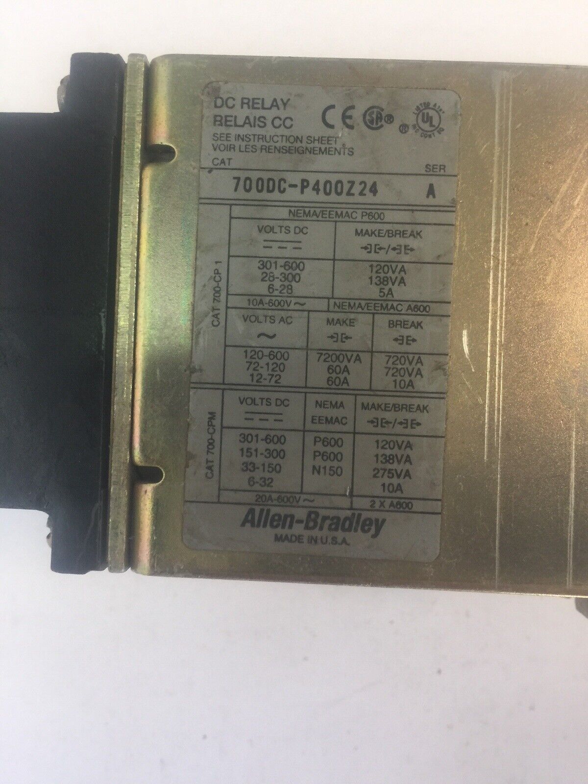ALLEN BRADLEY 700DC-P400Z24 DC RELAY SER A 600V PD714 COIL 24VDC BULLETIN 700DC