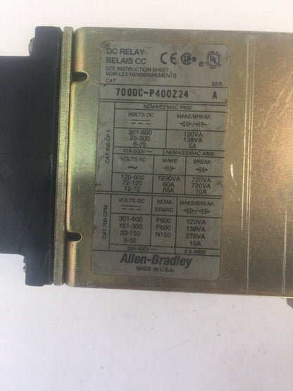 ALLEN BRADLEY 700DC-P400Z24 DC RELAY SER A 600V PD714 COIL 24VDC BULLETIN 700DC