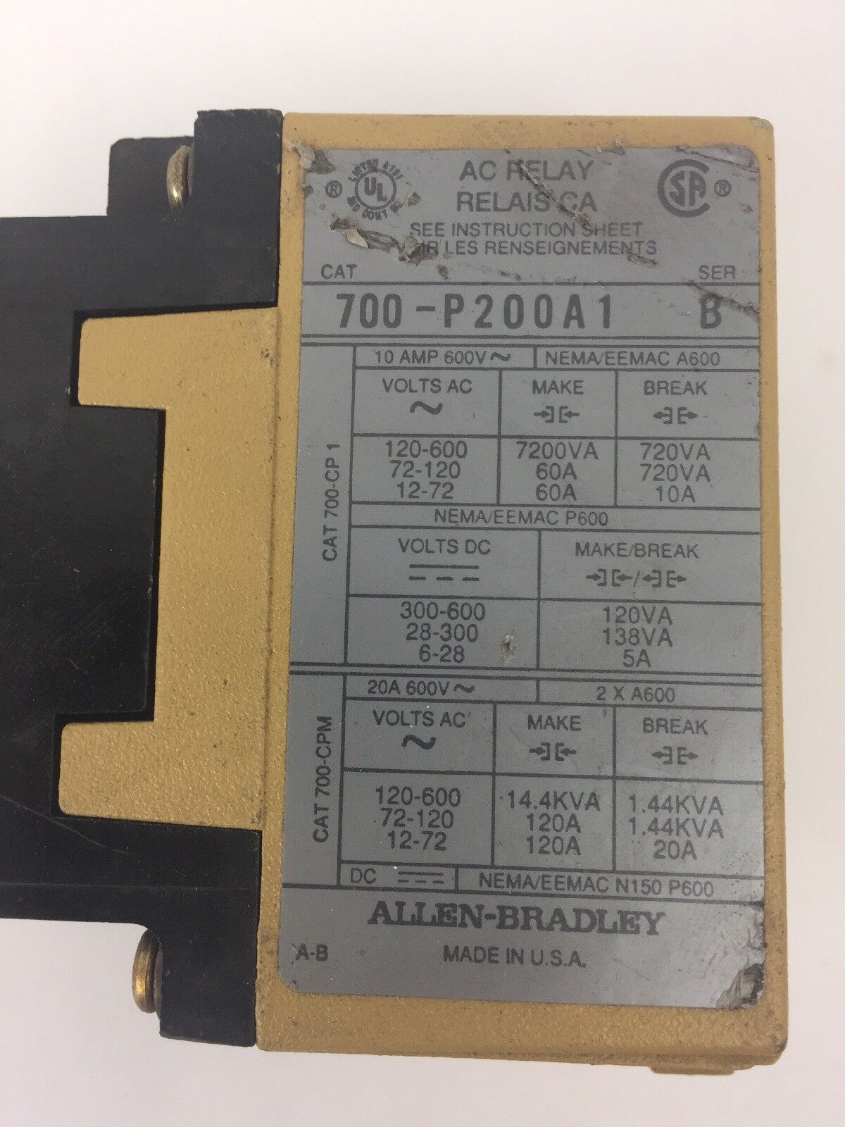 ALLEN BRADLEY 700-P200A1 AC RELAY SER B 115-120V 60HZ 110V 50HZ COIL