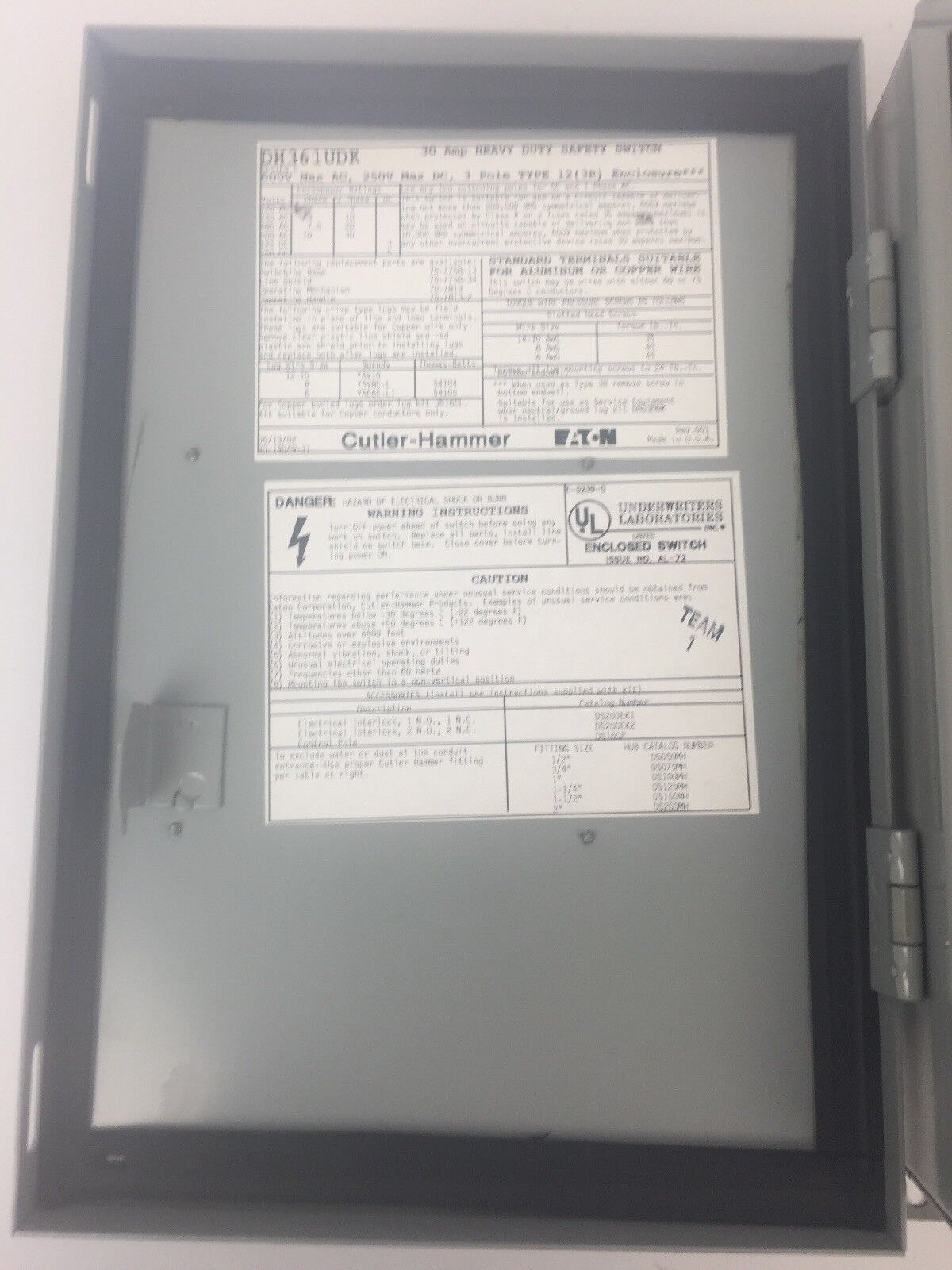 CUTLER HAMMER DH361UDK SER C SAFETY SWITCH 600VAC 250VDC 30A 3P 30HP TYPE 12(3R)