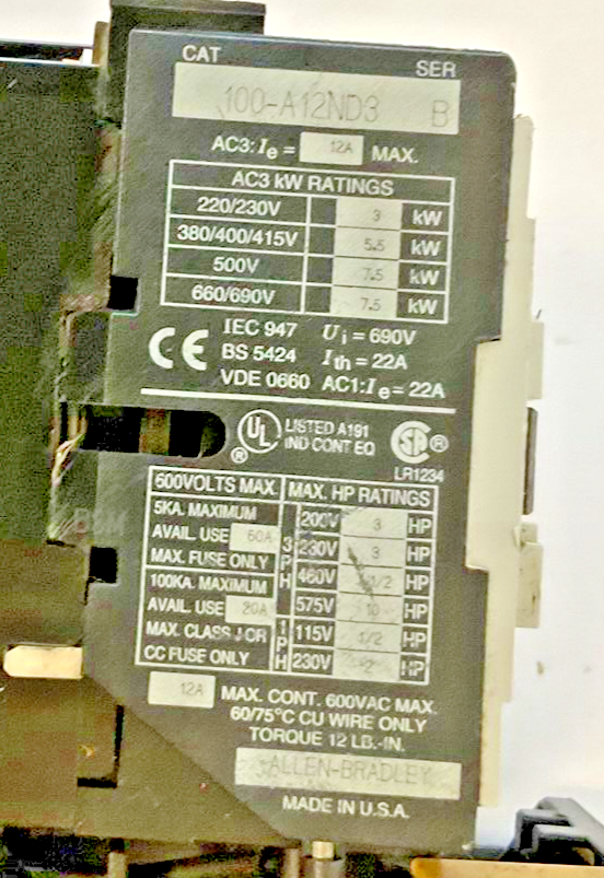ALLEN BRADLEY 100-A12ND3 SER.B CONTACTOR W/ 193-BSB 60 SER.B  OVERLOAD RELAY