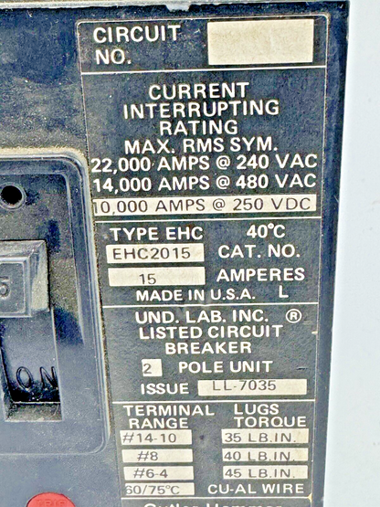 CUTLER-HAMMER/ EATON - EHC2015 - CIRCUIT BREAKER - 2 POLE, 15 A, 480 VAC