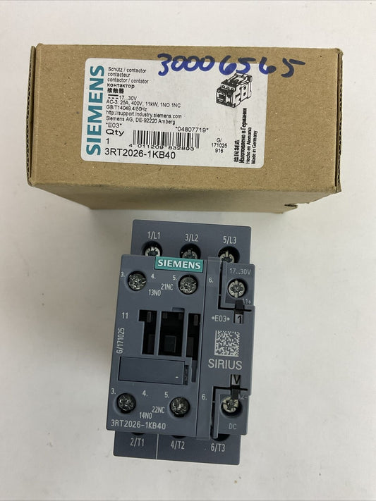 SIEMENS 3RT2026-1KB40 CONTACTOR AC-3 400V 25A 11kW 1NO 1NC COIL 17...30VDC