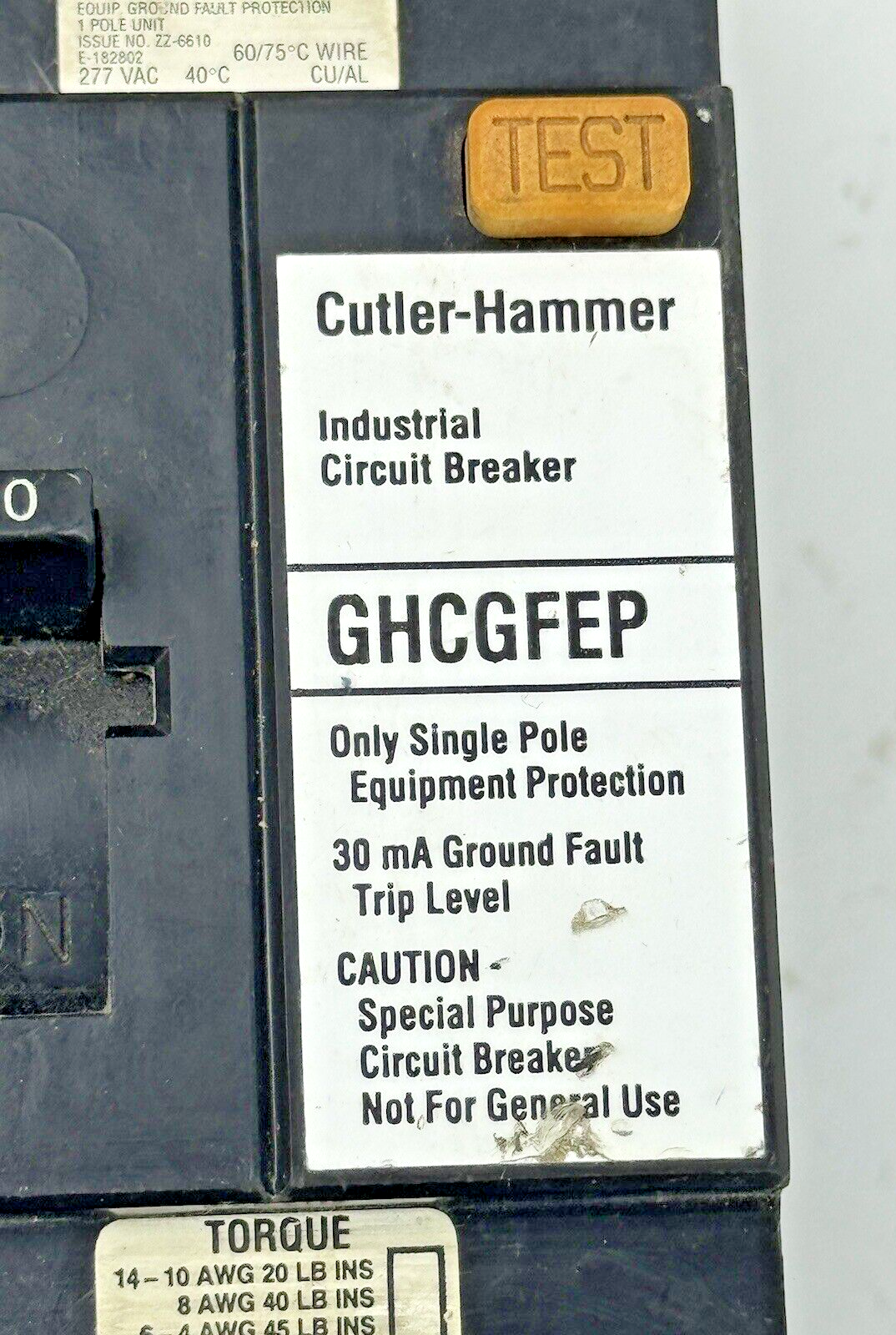 CUTLER-HAMMER - GHCGFEP1020 - BREAKER W/ GROUND FAULT - 1 POLE/277VAC/20A - NEW