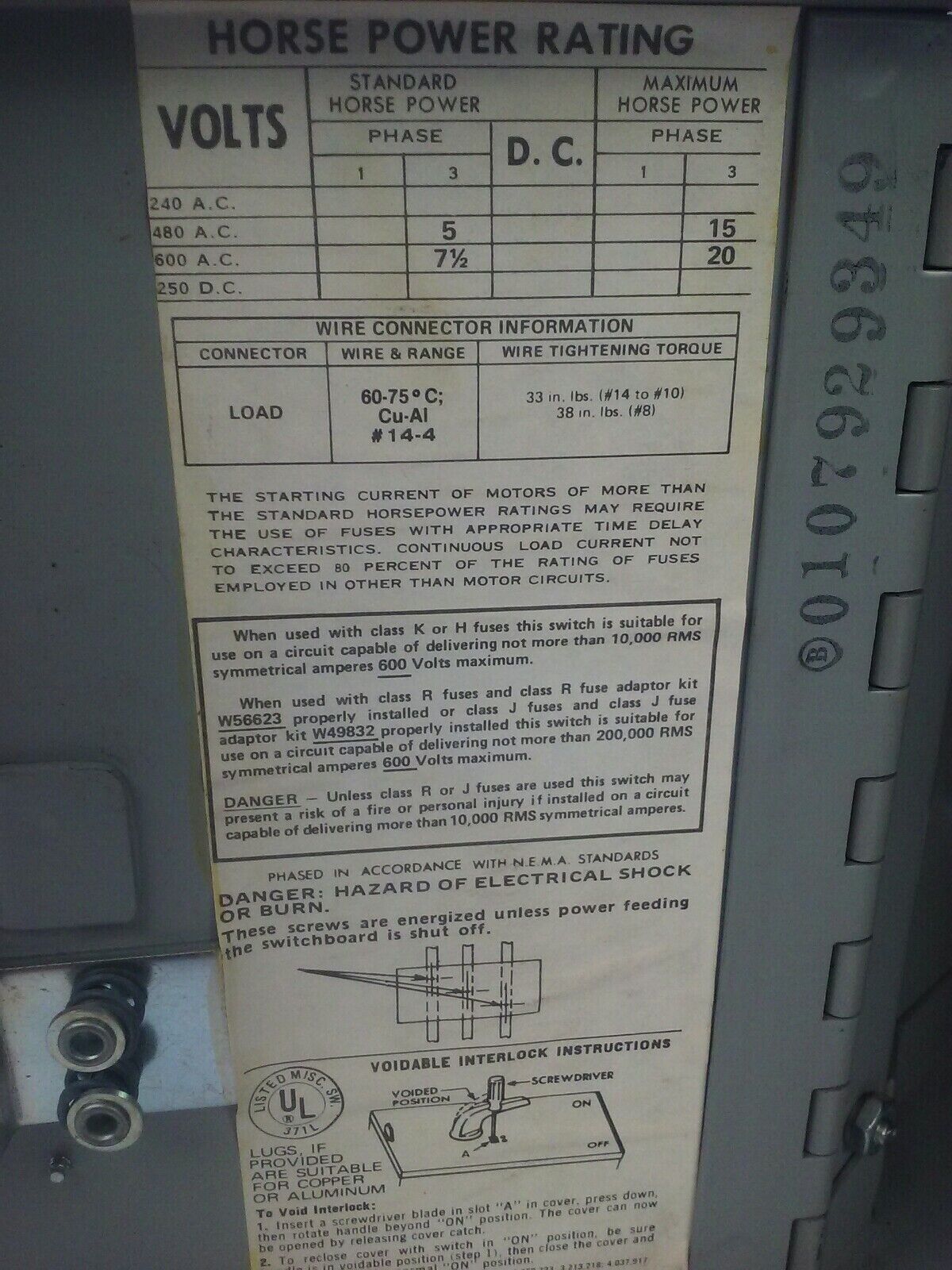 I-T-E SIEMENS V7E3611 SER.A TWIN VACU-BREAK PANELBOARD SWITCH 600V 30A 3P