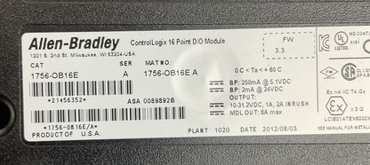 ALLEN BRADLEY 1756-OB16E SER A FW 3.3 CONTROL LOGIX 16PT D/O MODULE NO DOOR