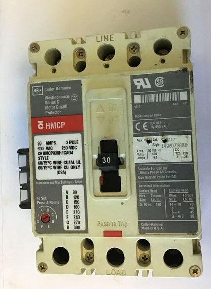 CUTLER HAMMER HMCP030H1CA04 CIRCUIT BREAKER 30A 600VAC 3P 250VDC