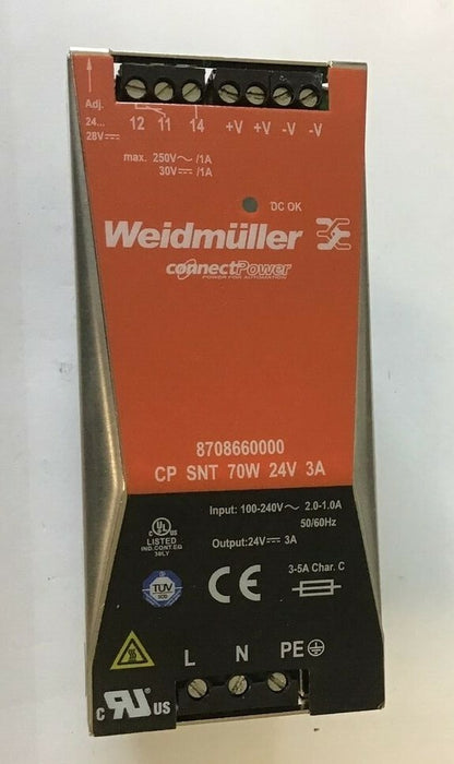 WEIDMULLER 8708660000 CONNECT POWER SUPPLY UNIT 100-240VAC 30VDC 70W 3A 2.0-1.0A