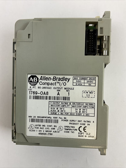 ALLEN BRADLEY 1769-OA8 SER A REV 1 F/W REV 1.1 8PT 85-264VAC OUTPUT MODULE