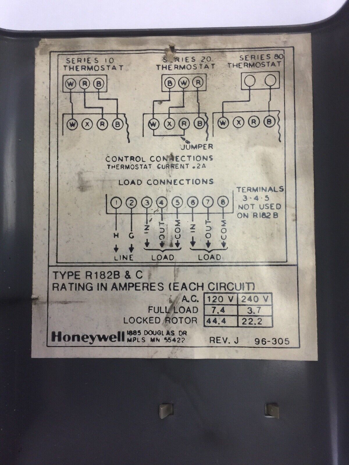 HONEYWELL R182C 1051 SWITCHING RELAY 120V 50-60CY TYPE R182B & C 44.4AMP