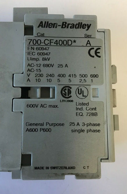 ALLEN BRADLEY 700-CF400D* CONTRACTOR SER. A 600VAC 25A 3PHASE***LOTOF2***