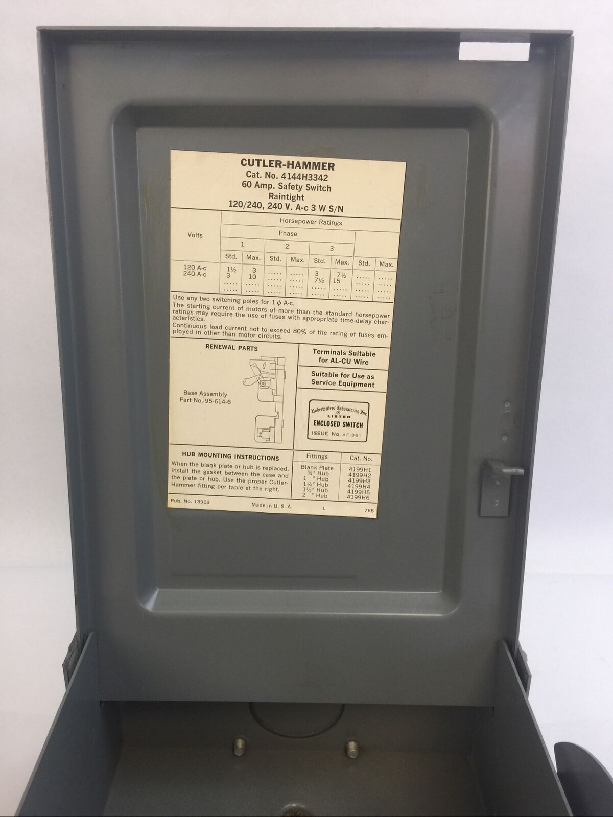 CUTLER HAMMER 4144H3342 FUSIBLE SAFETY SWITCH 60A 240V 2P 15HP 3PH RAINTIGHT