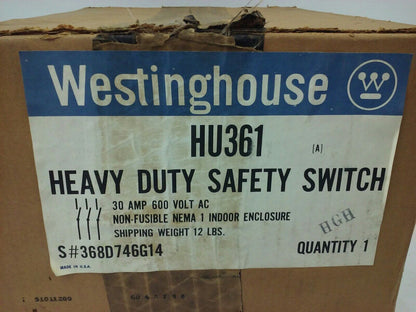 WESTINGHOUSE HU361, H.D. SAFETY SWITCH, 30A, 600V, NON FUSIBLE, INDOOR, NIB, NEW