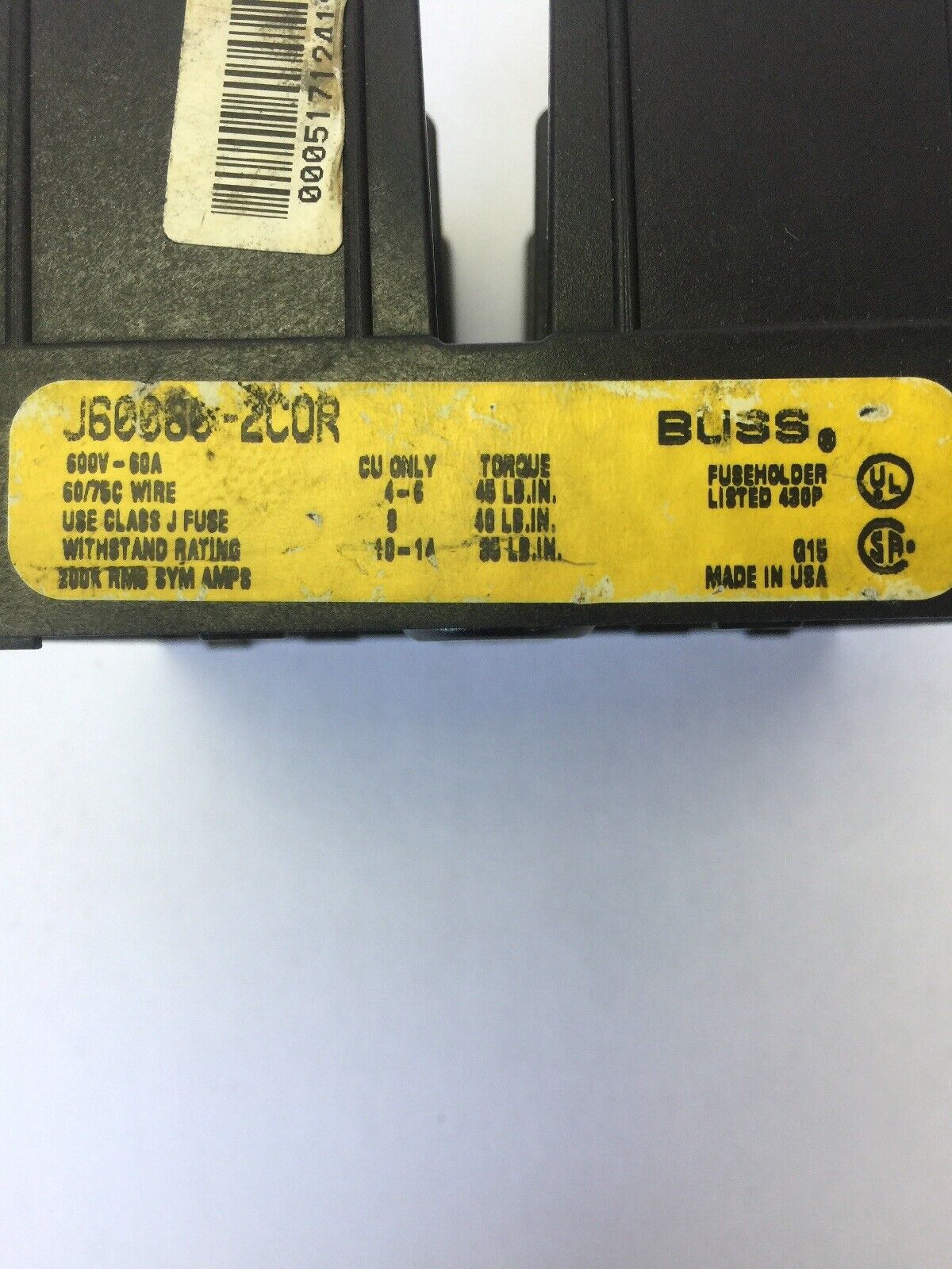 BUSS J60060-2COR FUSE HOLDER 600V 60A USE CLASS J FUSE