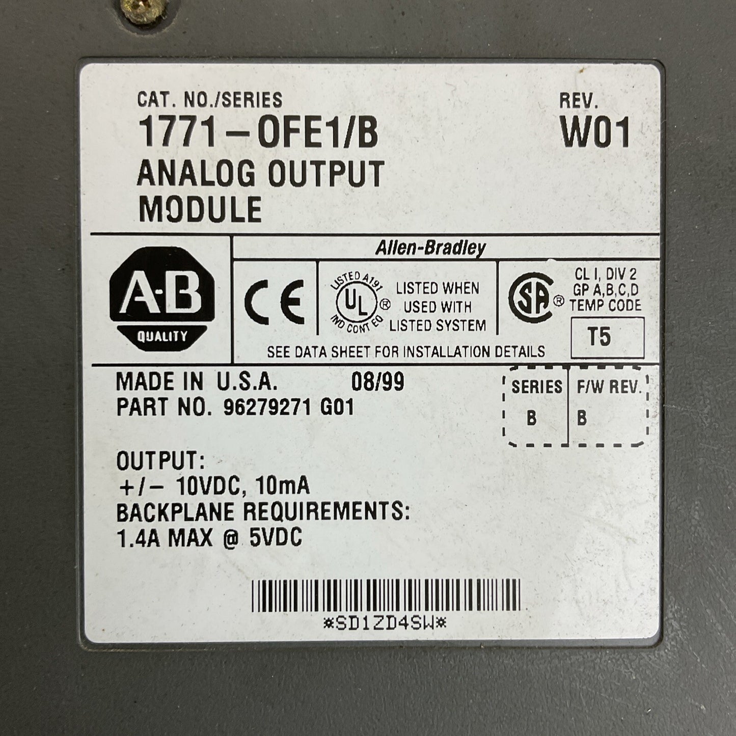 ALLEN BRADLEY 1771-0FE1 SER B REV W01 ANALOG OUTPUT MODULE F/W REV B