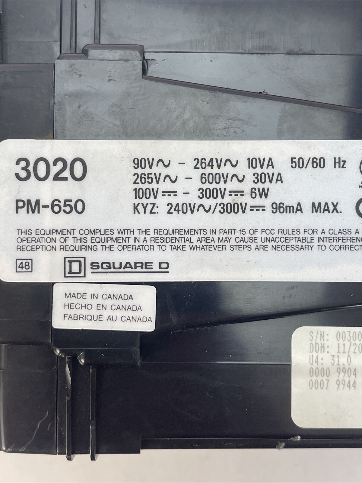 SQUARE D 3020 PM-650 POWER METER 90-264VAC 10VA 265-600VAC 30VA 100VDC-300VDC 6W