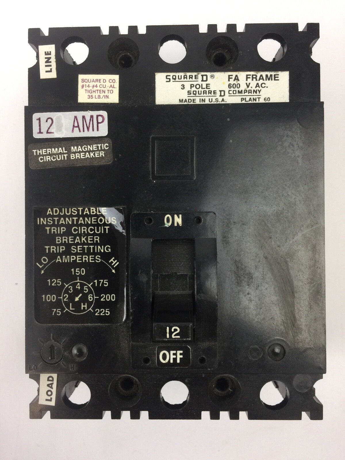 SQUARE D FAL3601212T THERMAL MAGNETIC CIRCUIT BREAKER 600 VAC 12 AMP 3 POLE